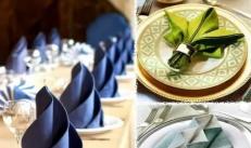 Салфетки за сервиране на маса за празник, вечеря, вечеря: видове и опции за сгъване на хартиени и ленени салфетки, декорации за салфетки, снимка